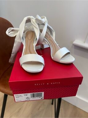 Kelly & Katie White Satin Ankle Tie Bridal Sandals